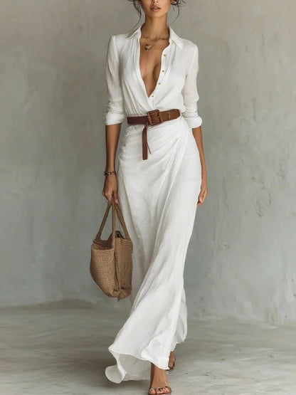 Women's Elegant Solid Color Irregular Folds Containing Belt Dress