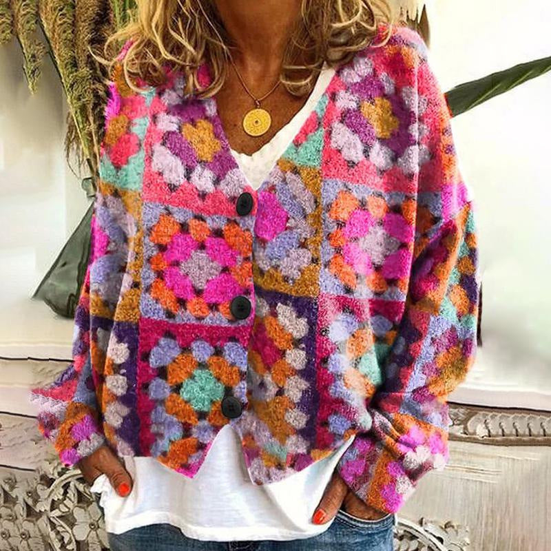 New Christmas Abstract Flowers Printing Sweater Fashion Casual Short Cardigan Coat Womens Clothing