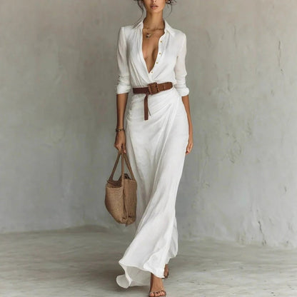 Women's Elegant Solid Color Irregular Folds Containing Belt Dress